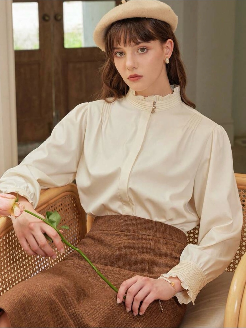 Simple Retro Cream Ruffled High-Neck Button Front Blouse - Size S